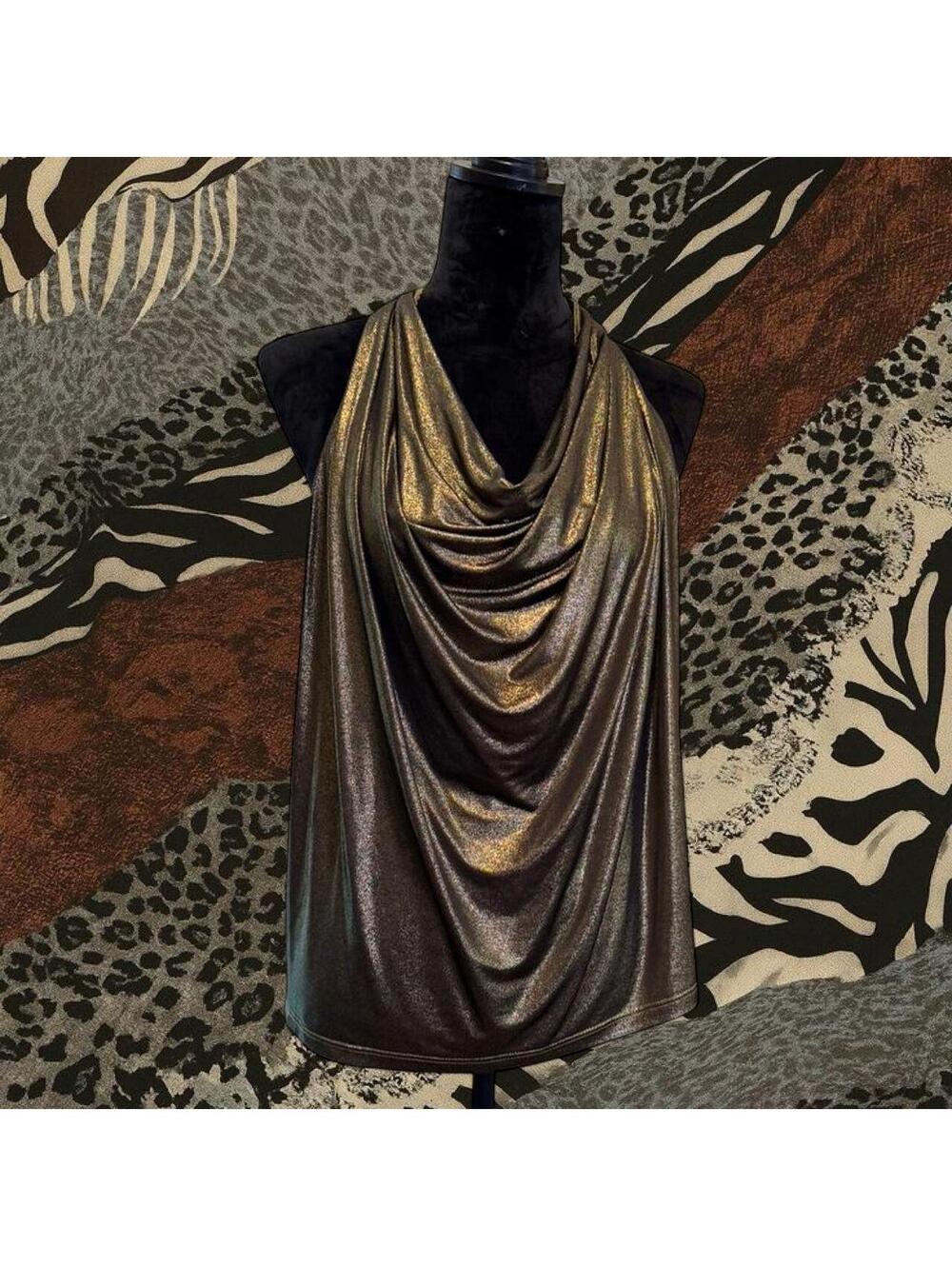 Cha Cha Vente gold metallic halter top with cowl neck and back.